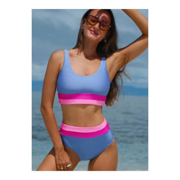 Two Piece Set Blue Bikini Sports Bra Top High Waist Beach Swim Wear