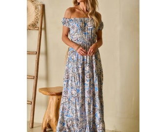Off Shoulder Maxi Dress with Paisley Print