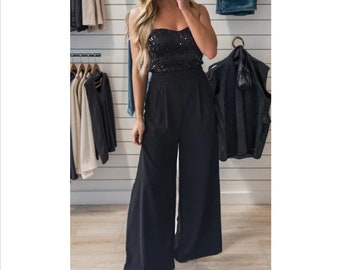 Black Sequin Jumpsuit Sleeveless Party Style