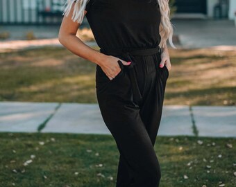 Black Casual Jumpsuit with Short Sleeves and V Neck