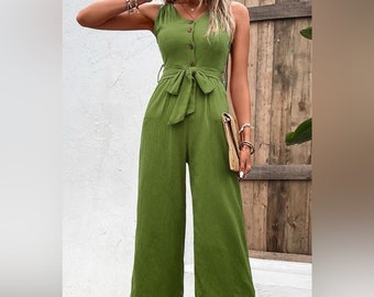 Summer Quench Button Front V Neck Tie Waist Jumpsuit