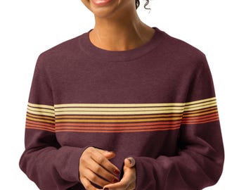Burgundy Knit Sweater - Stripe 80s Retro Sunset Knitted Crew Neck Boho Chic Sweater Gift