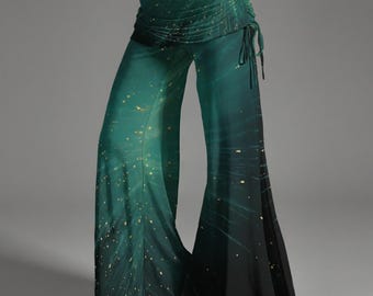Boho Flare Pants Women | Green Abstract Wide Leg Bell Bottoms | Festival Outfit | Mid Rise Fold Over Waist
