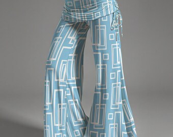 Mid-Rise Wide Leg Flare Pants | Retro Block Geometric Mod Trousers | Art Print Boho Pants