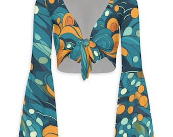 Teal Orange Bell Sleeve Tie Front Crop Top Women | Retro 70s Boho Blouse | Abstract Festival Top
