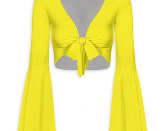 Neon Yellow Bell Sleeve Tie Front Crop Top Women | Solid Boho Blouse | Retro Festival Top