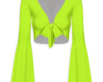 Neon Green Bell Sleeve Tie Front Crop Top Women | Solid Boho Blouse | Mix and Match Festival Top