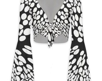 Black White Polka Dot Bell Sleeve Tie Front Crop Top Women | Retro Mod Boho Blouse | 70s Festival Top