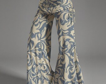 Blue Cream Floral Flare Pants | Mid-Rise Wide Leg Bell Bottoms | Boho Festival Trousers
