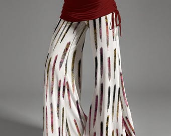 Mid-Rise Wide Leg Flare Pants | Brushstroke Art Print Boho Pants | Abstract Geometric Trousers