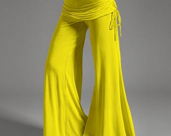 Neon Yellow Flared Pants Women | Retro Bell Bottom Pants | Mix and Match Boho Festival Pants