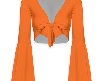 Bright Orange Bell Sleeve Tie Front Crop Top Women | Solid Boho Blouse | Retro Festival Top