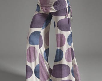 Wide Leg Flare Pants - Mod Purple Polka Dot - Art Print Boho Pants