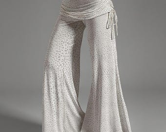 Flare Pants Women | Mid Rise Wide Leg Bell Bottoms | White Gray Polka Dot Boho Pants | Festival Outfit Trousers