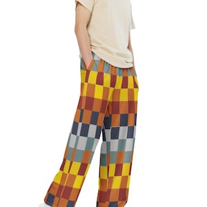 Retro Patchwork Baggy Pants - Wide-Leg Fall Lounge Yoga Earth Tone Pants – Unisex Gift for Men & Women