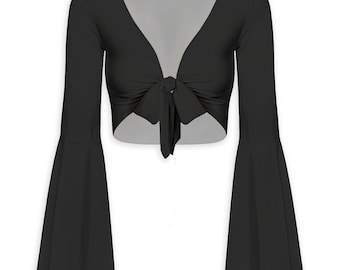 Black Bell Sleeve Tie Front Crop Top Women | Solid Boho Blouse | Retro Festival Top