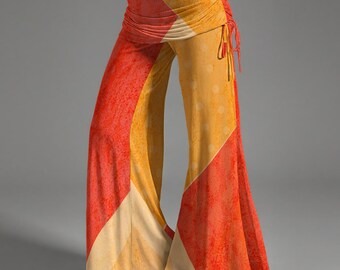 Mid-Rise Wide Leg Flare Pants | Art Print Boho Pants | Sunset Colorblock Retro Wide Leg Festival Trousers
