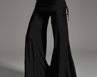Black Flare Pants | Mid-Rise Wide Leg Bell Bottoms | Boho Stretch Palazzo Pants