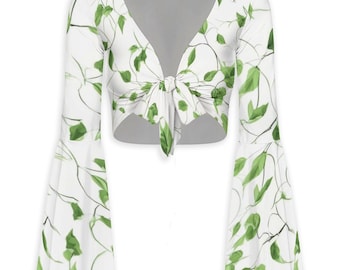 Green Leaf Bell Sleeve Tie Front Crop Top Women | Botanical Boho Blouse | Green Ivy Festival Top