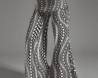 Snake Print Flare Pants | Mid-Rise Wide Leg Bell Bottoms | Black White Mod Festival Pants