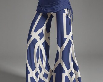 Mid-Rise Wide Leg Flare Pants | Mod Lattice Geometric Boho Pants | Retro Wide Leg Trousers