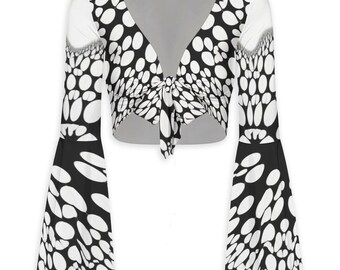 Black White Abstract Dot Bell Sleeve Tie Front Crop Top Women | Retro Mod Boho Blouse | 70s Festival Top