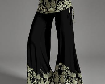 Boho Floral Flare Pants | Mid-Rise Wide Leg Bell Bottoms | Retro Festival Trousers