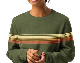 Olive Green Knit Sweater - Stripe 80s Retro Sunset Knitted Crew Neck Sweater Gift