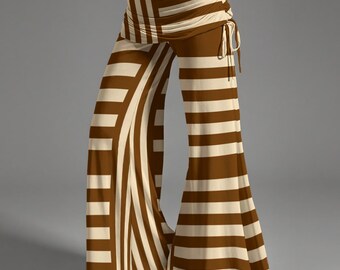 Mid-Rise Stripe Flare Pants | Retro Brown Cream Wide Leg Bell Bottoms | Boho Festival Trousers