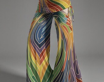 Mid-Rise Wide Leg Flare Pants | Art Print Boho Pants | Retro Peacock Wide Leg Festival Trousers