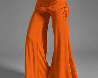 Orange Flare Pants Women | Mid Rise Wide Leg Yoga Pants | Retro 70s Bell Bottoms