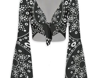 Black White Bell Sleeve Tie Front Crop Top Women | Boho Crop Blouse | Retro 70s Festival Top | Flared Sleeve Top