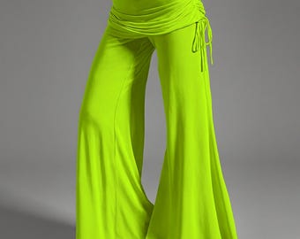 Lime Green Flare Pants Women | Mid Rise Wide Leg Yoga Pants | 70s Bell Bottom Festival Pants