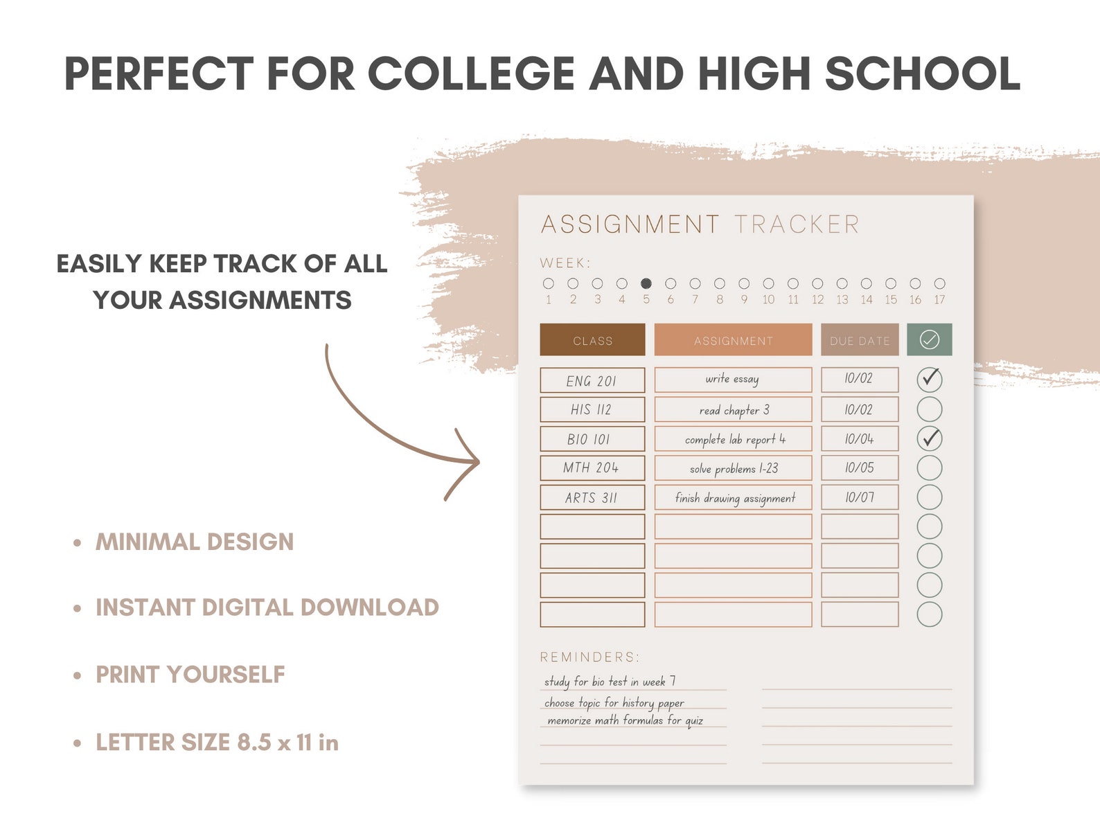 Printable Assignment Tracker Assignment Planner Homework Chart College ...
