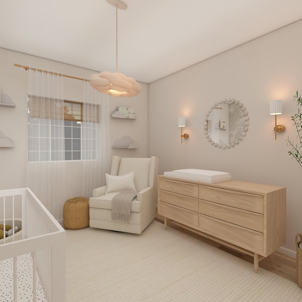 Nursery Design , Nursery Render, 3D , Clickable Shopping List, 3D Visualization,  Semi Custom interior design , Gender Neutral theme