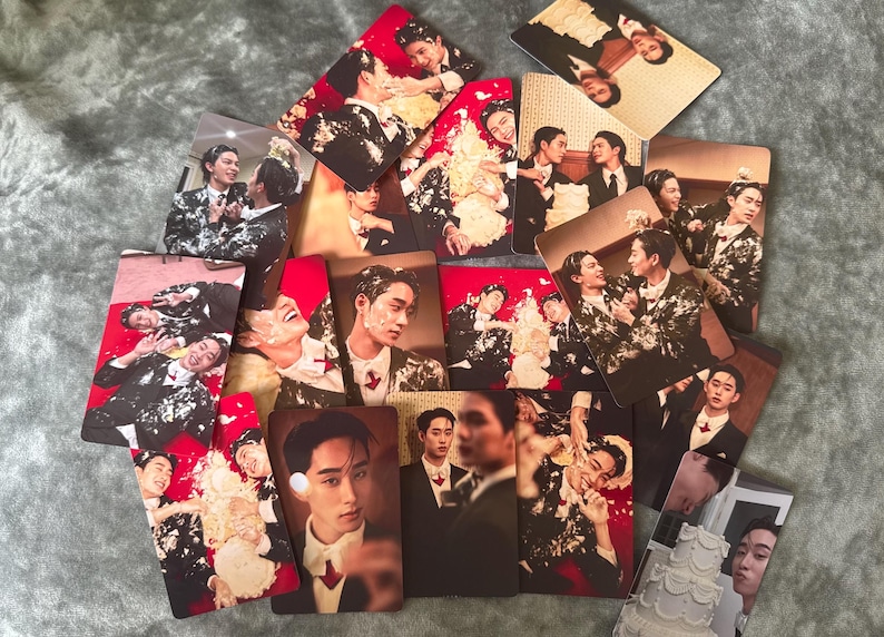 May include: A collection of rectangular photo cards featuring images of people in formal attire. The cards display various scenes, including portraits and group shots, with a red and white color scheme. Some cards show people with cake.