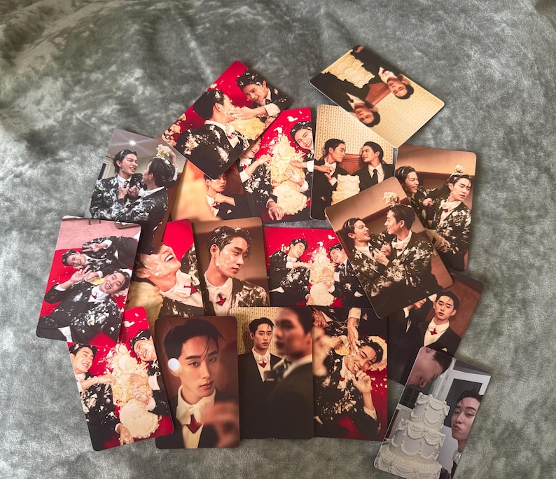 May include: A collection of rectangular photo cards featuring images of people in formal attire. The cards display various scenes, including portraits and group shots, with some cards showing cake and red backgrounds.