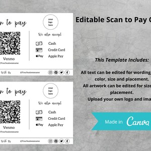 Numérisation modifiable pour payer la carte I Modèle Canva I Signe de code QR Je signe pour les petites entreprises I Paiement Venmo imprimable I Modèle de numérisation moderne pour payer