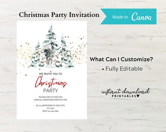 Puede incluir: Una invitación a una fiesta de Navidad imprimible con una ilustración de acuarela de pinos nevados y estrellas doradas. El texto dice "Te invitamos a la fiesta de Navidad. Únase a nosotros para nuestra fiesta anual de Navidad en..."