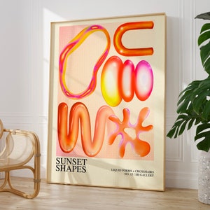 Arte mural de la era espacial, póster de arte abstracto rosa y naranja, decoración maximalista brillante, impresión moderna para habitación de adolescentes, arte para dormitorios universitarios, arte moderno de mediados de siglo.