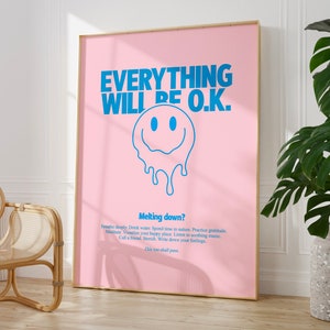 Pastel Pink Melting Smiley Face Print, Mental Health Poster, Therapy Office Wall Art, Positive Affirmation Quote, Cute Teen Girl Room Decor