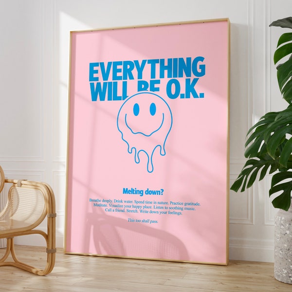 Mental Health Poster, Melting Smiley Face Print, Preppy Pastel Pink Wall Art, Aesthetic Teen Girl Room Decor, Groovy Colorful Self Care Art