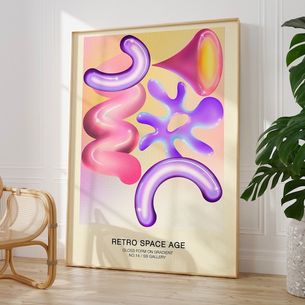 Retro Space Age Poster, Y2K Decor for Aesthetic Teen Girl Room or College Dorm, Trendy Maximalist Pink Wall Art, Danish Pastel Print