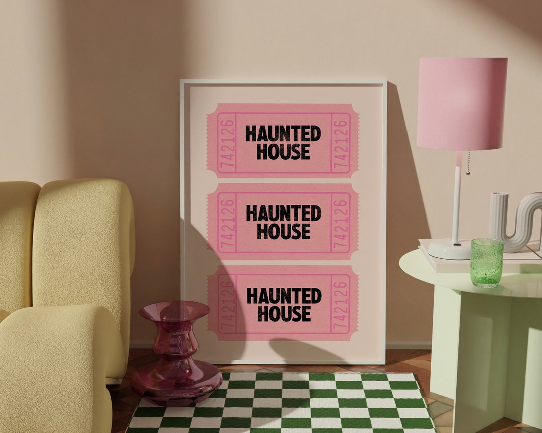 Haunted House Ticket Poster, Pastel Pink Halloween Print, Cute Girls College Dorm Wall Art
