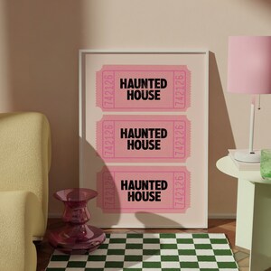 Haunted House Ticket Poster, Pastel Pink Halloween Print, Cute Girls College Dorm Wall Art, Preppy Aesthetic Teen Room Decor, Kawaii Print