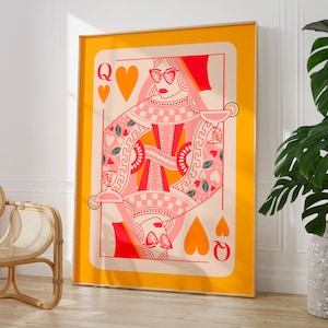 Carte à jouer poker casino reine de coeur colorée, art mural jaune orange vif, impression de dortoir universitaire mignon, décoration de chambre esthétique adolescente