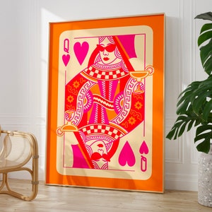 Queen of Hearts Playing Card Poster, Maximalist Wall Art, Pink and Orange Print, Preppy Aesthetic Teen Girl Room or College Dorm Decor