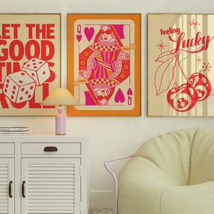 Kasino-Galeriewand 3er-Set, rosa und orange Poster, ästhetisches College-Wohnheimdekor, Herzkönigin Karte, 8-Ball-Kirschen, Maximalist-Druck