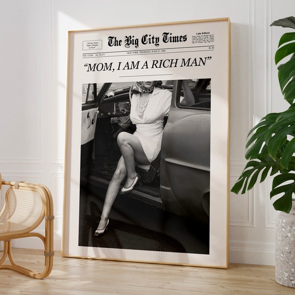 Mom I Am a Rich Man Quote Poster, Feminist Wall Art, Trendy Newspaper Print, Retro 1950s Glam Decor, Aesthetic Teen Girl College Dorm Room