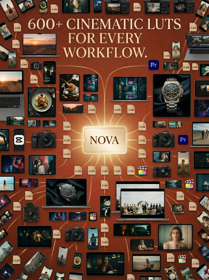 Puede incluir: Un gr&aacute;fico digital titulado 600+ CINEMATIC LUTS FOR EVERY WORKFLOW con una etiqueta central NOVA. El dise&ntilde;o muestra numerosas pantallas peque&ntilde;as con fotos y videos, iconos de c&aacute;maras e iconos de archivos CUBE conectados por l&iacute;neas.